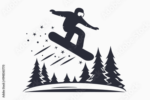 Vector silhouette of a snowboarder performing an acrobatic jump against a warm sky.