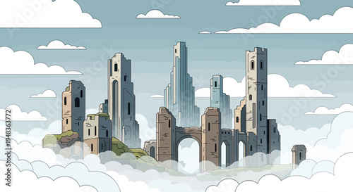 An epic, stylized vista of ancient ruins emerges from a sea of clouds