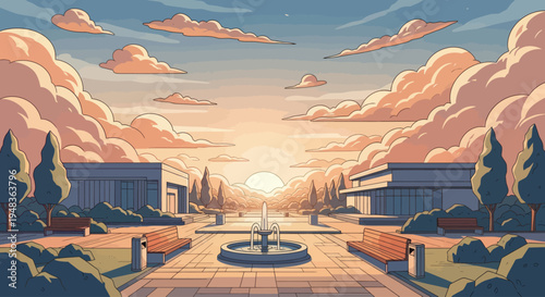 A serene public square with modern architecture and a fountain at sunset