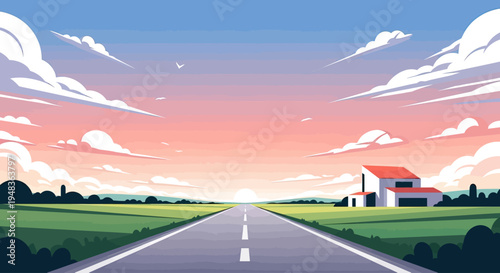 Expansive landscape with a road leading to a house under a colorful sunset sky