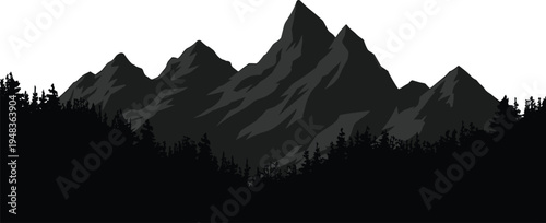 Majestic mountain range panorama with dark pine forest silhouette in foreground for outdoor adventure and wilderness nature background design. (20 words)