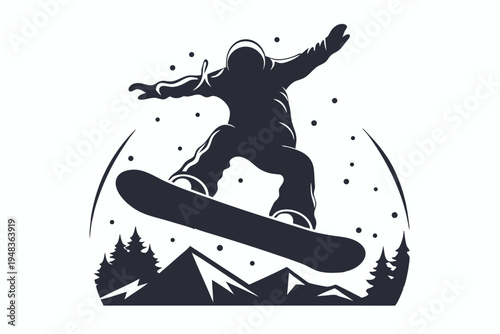 Dynamic snowboarder silhouette mid-air performing a jump, captured against the sky