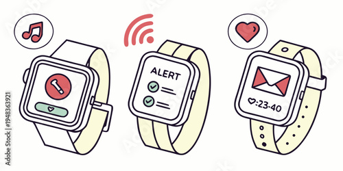 Three smartwatches with different notifications on their screens Vector