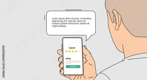 A person's hand holds a smartphone displaying a rating and comment submission form.