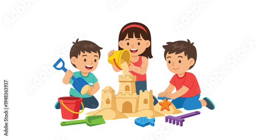 Three happy children, two boys and a girl, are engaged in building a sandcastle with various colorful beach toys.