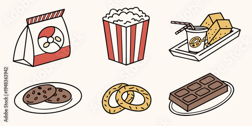 a variety of fast food items including a bag, popcorn, fries, meat, pretzels, and a brownie Vector