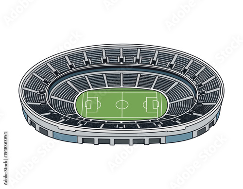 A detailed illustration of an empty, modern sports stadium with a green field and tiered seating, perfect for event or game promotions