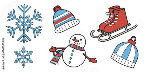 a snowman wearing scarf and mittens with hat ice skate snowflakes Vector