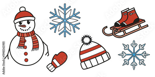 a snowman and winter clothing and accessories Vector