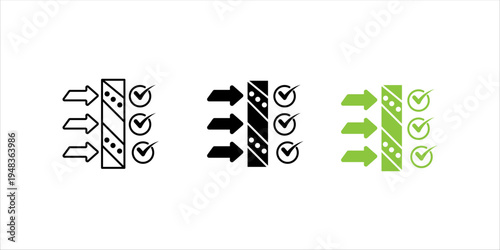 Minimal outline icon set. showing arrows passing through a process with check marks, representing workflow validation, quality control, approval system, and step-by-step verification.