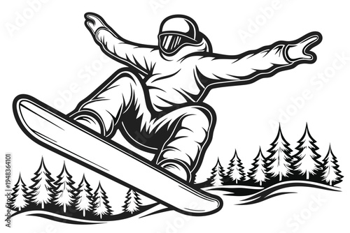 Minimalist silhouette of a snowboarder jumping, representing winter athleticism