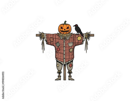Halloween scarecrow with raven on shoulder, wearing plaid shirt and straw, for autumn holiday themes and spooky celebrations