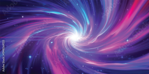 A vibrant digital illustration of a glowing blue and purple abstract fractal burst featuring a swirling space vortex and spiral galaxy patterns with light motion energy