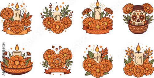 Dia de los Muertos Inspired Marigold Flower Arrangements with Candles, Sugar Skull, and Orange Floral Designs