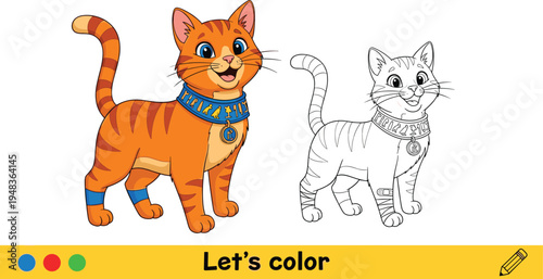 Cute ginger cat with Egyptian collar and black and white coloring page version for kids activity book and preschool education