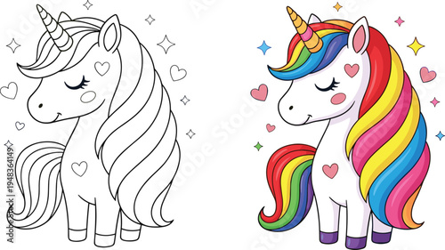 Cute magical unicorn with rainbow mane and hearts black and white coloring page version for kids activity book and illustration