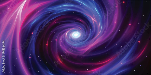 An abstract purple and pink galaxy background featuring a glowing star pattern and a spiral vortex of light, creating a swirl of cosmic motion and energy in a blue space illustration