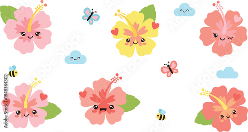 Kawaii Hibiscus Flower Illustrations with Cute Faces, Bees, Butterflies, and Clouds in Pink and Yellow