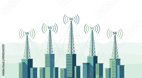 Five 5G cellular towers are positioned on top of buildings in a cityscape.