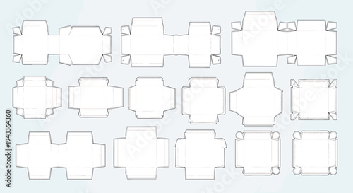 Fifteen distinct unfolded cardboard box templates are arranged in a grid.