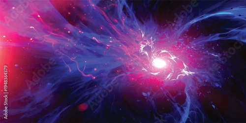 A glowing fractal explosion of purple and blue light swirls in a bright motion design, creating a celestial energy pattern against the black space of a night sky wallpaper