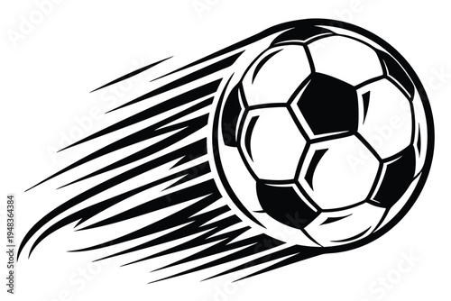 Speeding soccer ball with blurred motion lines, conveying fast-paced game action