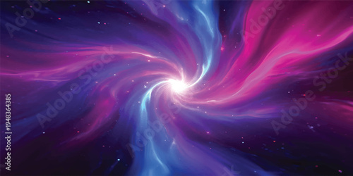 An abstract purple fractal background weaves a glowing spiral design with light waves and starry galaxy textures to create a bright universe wallpaper