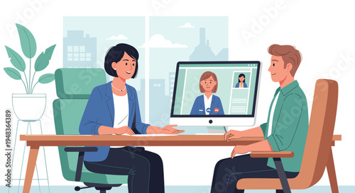 A woman interviews a man at a desk with a video call on a monitor.