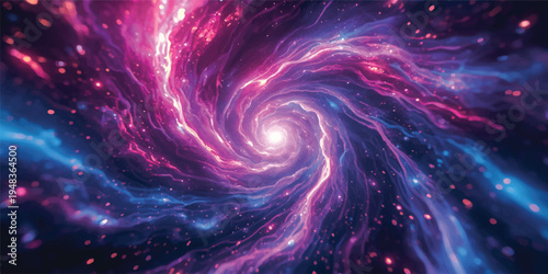 An abstract space background captures a dark fantasy universe filled with purple nebula clouds and glowing blue plasma stars across a cosmic night sky illustration