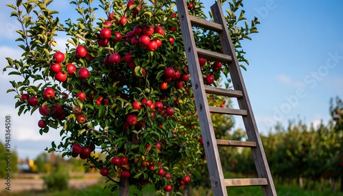 Apple tree laden with red fruit beside a wooden ladder under a bright blue sky on sunny day