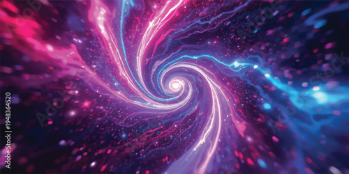 A vibrant purple and blue spiral galaxy swirls through the dark cosmos, creating an abstract fractal background of glowing stars and bright light in a celestial vortex design