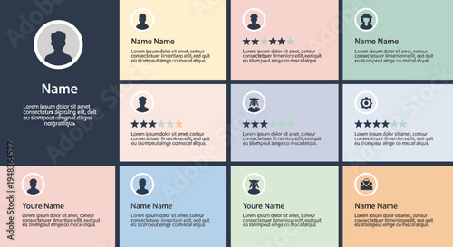 Grid of colored blocks displays user profiles with ratings.
