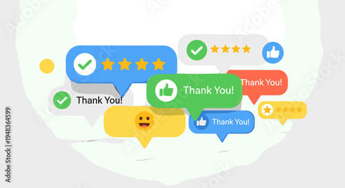 Colorful 3D speech bubbles with feedback icons and text.