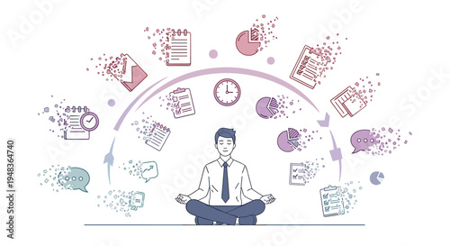 A businessman meditates while various digital business icons orbit and pixelate around him.