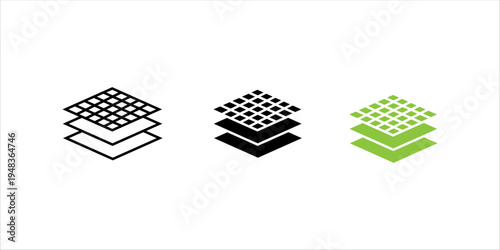 Collection of layered stack icons in outline and solid styles representing data layers, system architecture, digital structure, and software development concepts.