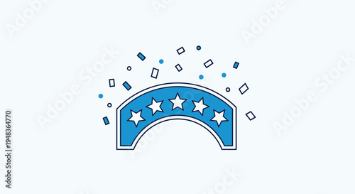 A blue arched banner with five white stars is surrounded by falling confetti.