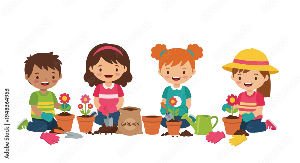 Fototapeta premium Four happy children, two boys and two girls, are kneeling and actively engaged in planting flowers and gardening with various tools.