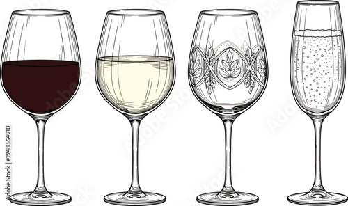 Wine and champagne glasses illustration set including red wine, white wine and sparkling drink glassware collection isolated on white background for beverage design