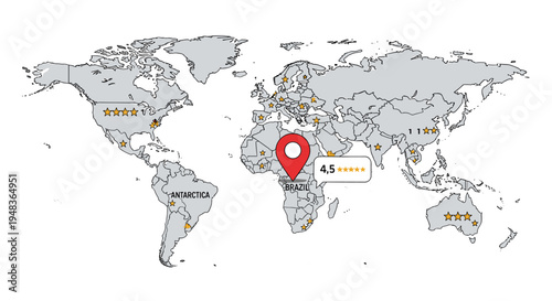 A world map displays a red location pin with a 4.5-star rating over Brazil.