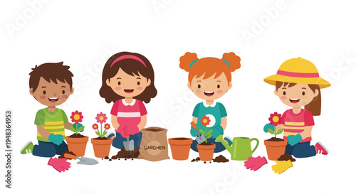 Four happy children, two boys and two girls, are kneeling and actively engaged in planting flowers and gardening with various tools.