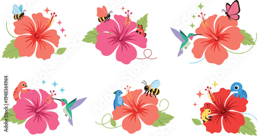 Vibrant Hibiscus Flower Illustrations with Bees, Hummingbirds, Birds, and Butterflies in Colorful Floral Set