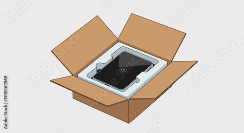 An open brown cardboard box holds a dark smartphone in a white foam insert.