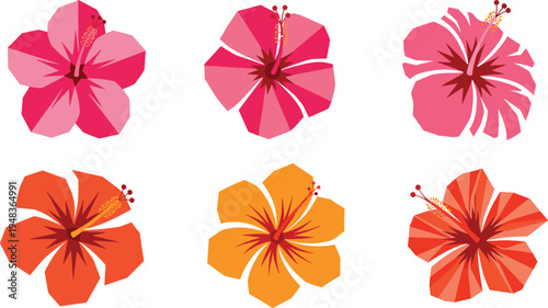 Geometric Hibiscus Flower Vector Illustrations in Pink, Red, and Orange with Bold Petals and Intricate Details