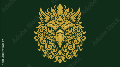 Majestic Golden Griffin Head Emblem with Intricate Swirls.