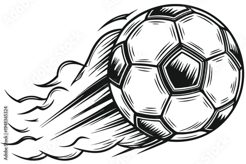 Soccer ball in motion, leaving trails to symbolize fast-paced competition and sport.