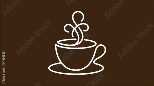 Minimalist Line Art of a Steaming Coffee Cup on a Saucer.