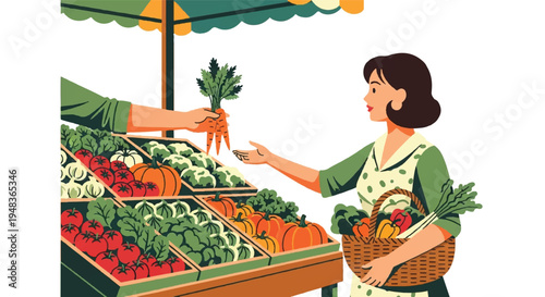 Woman buying fresh vegetables at outdoor market stall illustration