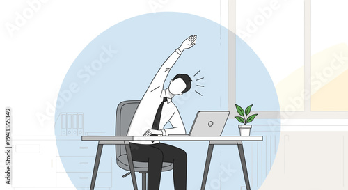 A man in a white shirt and tie stretches his arm upwards while seated at a desk with a laptop and plant, framed by a large blue circle in an office setting.