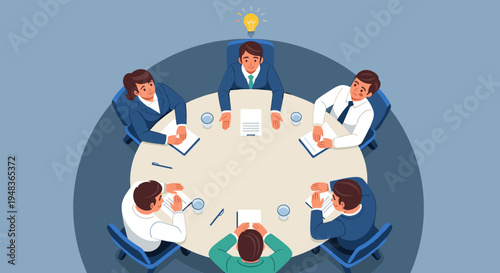 Six business professionals are gathered around a circular table, engaged in a meeting with one person having a bright idea.