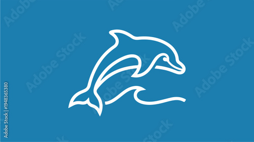 Minimalist White Dolphin Outline Jumping Over Wave on Blue Background.